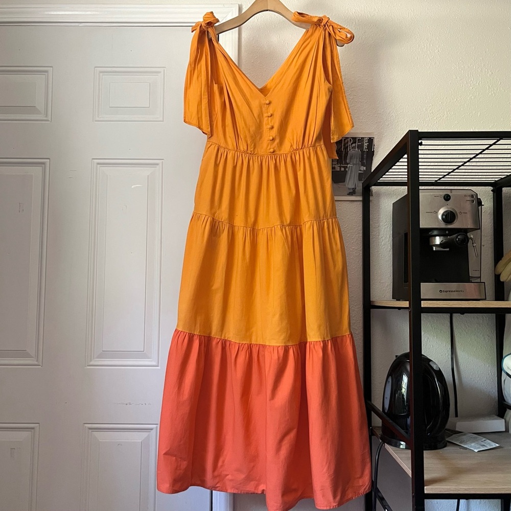 COLOR ME COURTNEY orange tiered colorblock sleeveless summer sun‎ midi dress